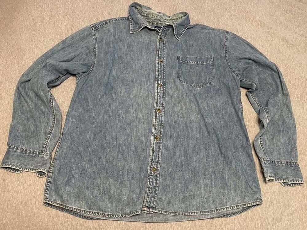 Basic Editions Denim Long Sleeve Button Up Shirt Size Large Blue Cotton